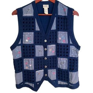 Koret Womens M Vintage Blue Floral Embroidered Patchwork CottageCore Spring Vest